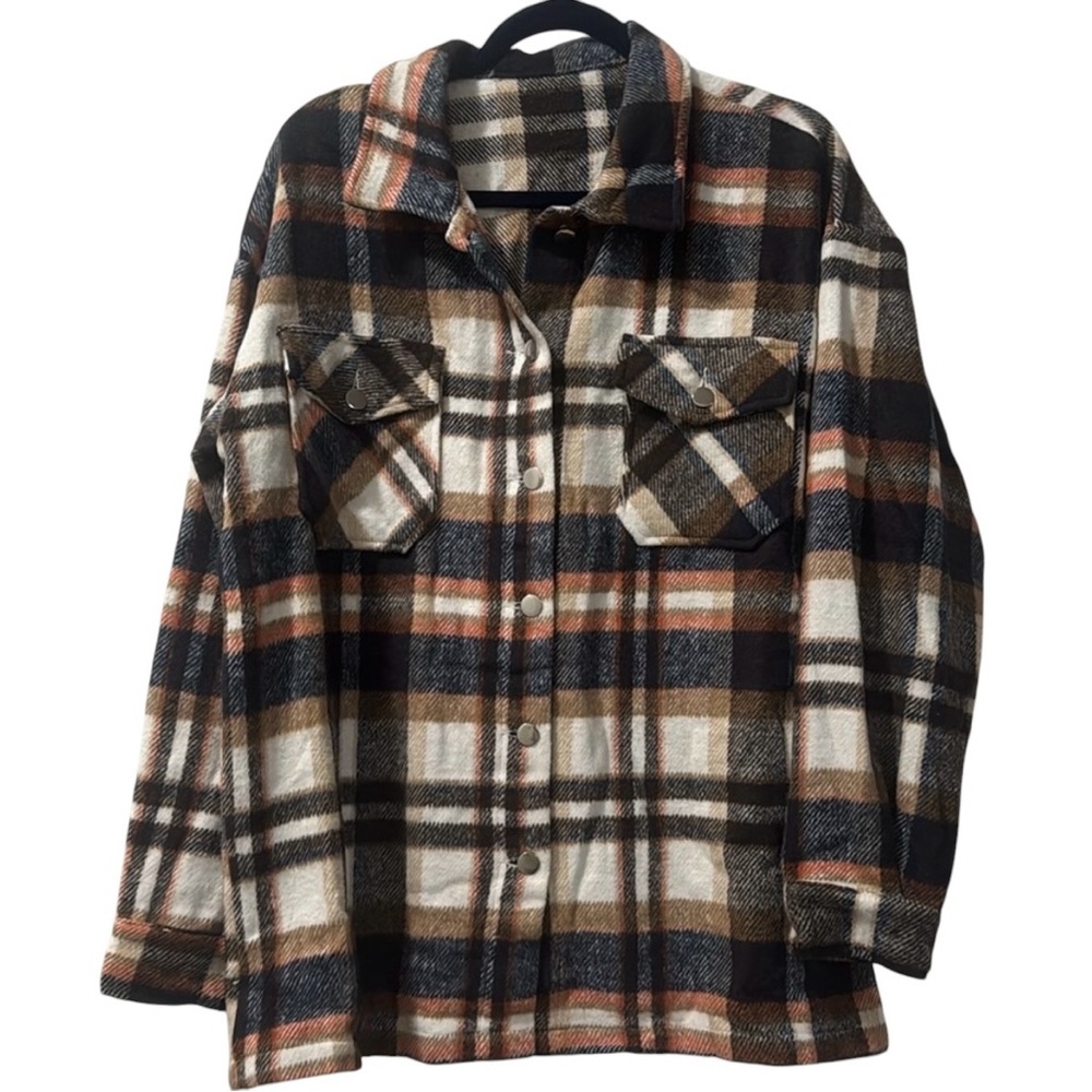 Women’s Plaid Shacket Size Large Brown Black Cream Button Front Oversized Jacket - Picture 2 of 4